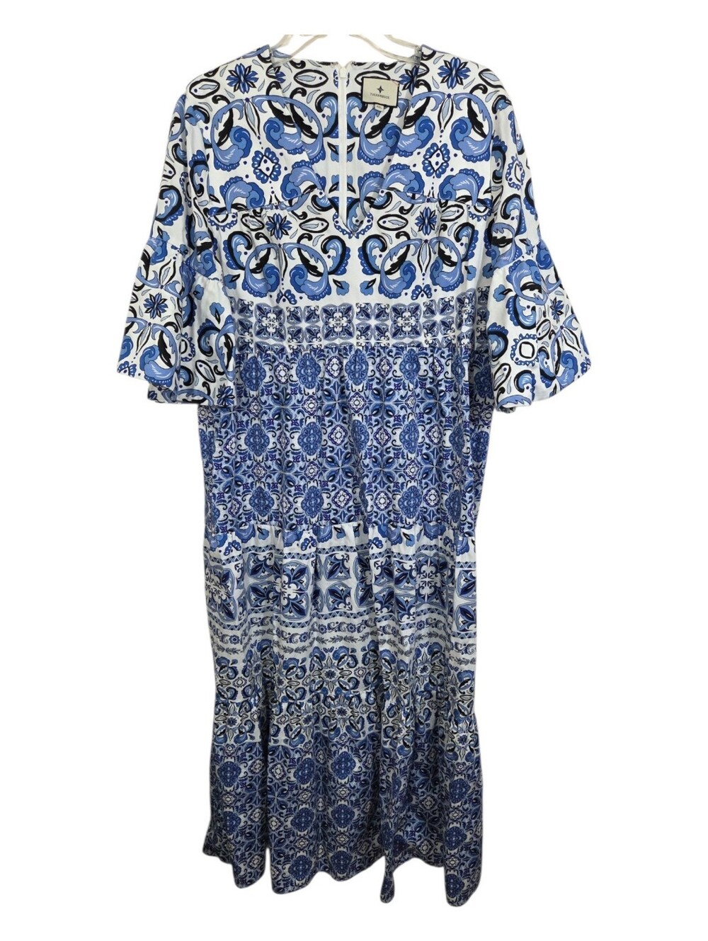 Tuckernuck Majolica Tile Print Ginger Maxi Dress Blue White Boho Size 16 XXL